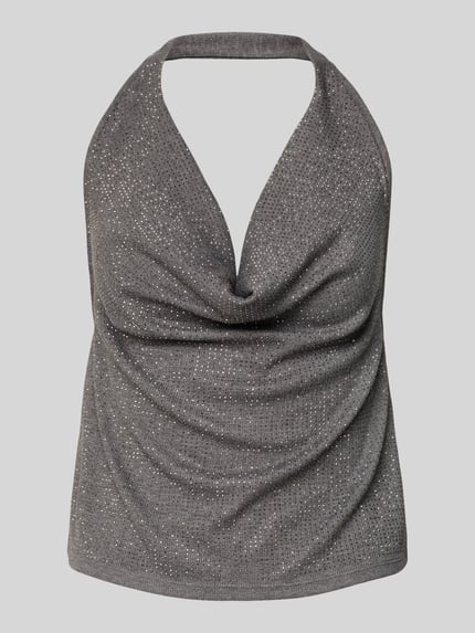 Produktfoto, graues schimmerndes Blusentop mit Wasserfall-Ausschnitt und Strasssteinbesatz, Modell 'SPARKLE' von Mango, taillierte Passform, elastischer Material-Mix mit Viskose-Anteil, neckholder, schulter- und ärmellos.
