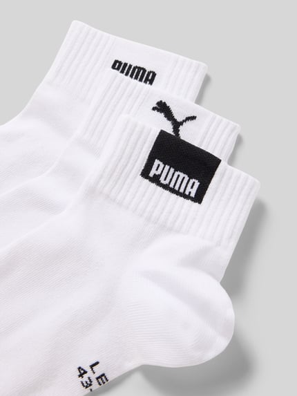 Produktfoto, Socken mit elastischem Rippenbündchen im 3er-Pack von PUMA, weiß, Mieszanka bawełny, z dodatkiem streczu, krój dopasowany, prążkowany ściągacz, logo, zestaw 3 szt.