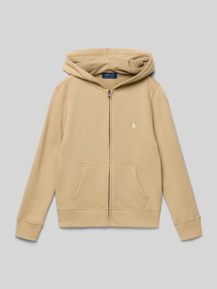 Produktfoto, Sweatjacke met ritssluiting van Polo Ralph Lauren Teens in beige katoenmix, los model, capuchon, labelstitching, steekzakken, ribboorden.