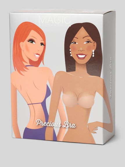 Produktfoto, opakowanie Klebe-BH mit hautfreundlicher Klebeschicht Modell 'Precious Bra' od MAGIC Bodyfashion, grafika, jasne kolory, kontekst biustonosza samoprzylepnego wielokrotnego użytku