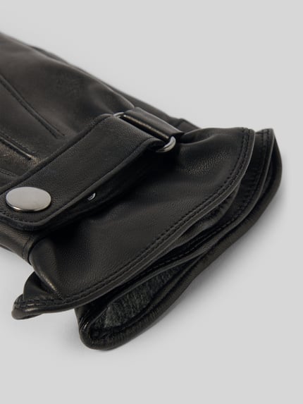 Productfoto, Handschuhe aus echtem Leder mit Touchscreenfunktion van Akaroa, zwart glad leer, trensje met drukknoopsluiting, siernaden, heren