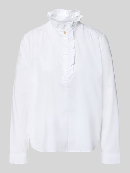 Produktfoto, Bluse mit Rüschen und kurzer knoopsluiting van Christian Berg Woman in wit katoenmix met stretch, regular fit, afgeronde zoom