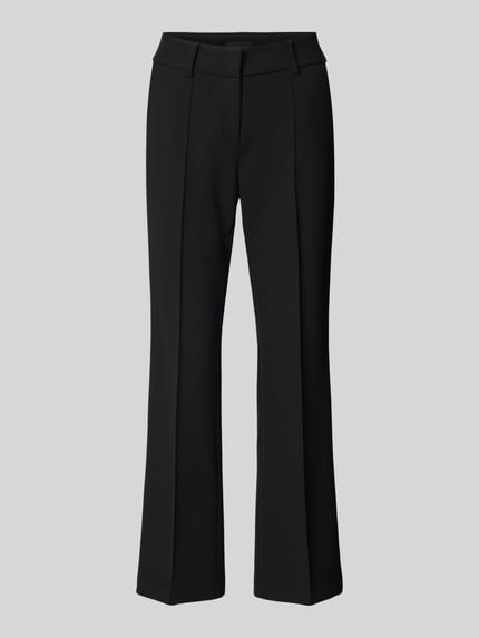 Produktfoto, Flared Fit Stoffhose mit Viskose-Anteil Modell 'Farah' von Cambio, schwarze Damen Stoffhose mit Ziernaht, Haken- und Reißverschluss, elastischer Material-Mix, vor grauem Hintergrund.