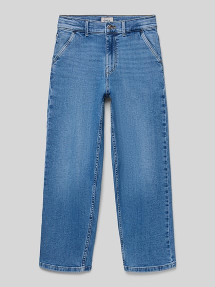 Produktfoto, Loose Fit Baggy Jeans aus Baumwoll-Mix Modell 'GIA' van Only, melange denim, 5-pocket, label patch, blauwe kleur, rechte pijpen.