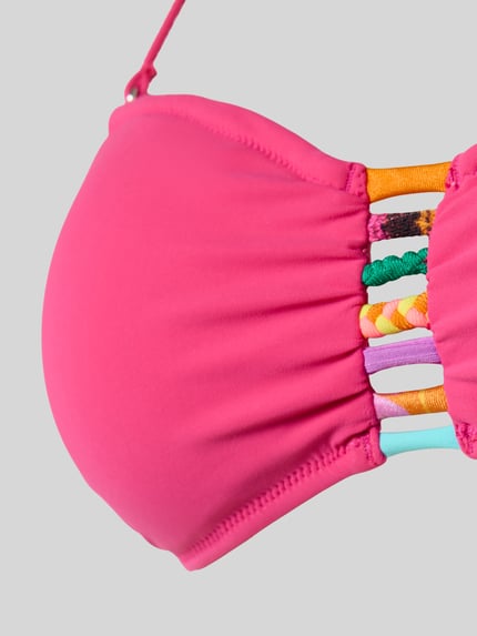 Produktfoto, Bikini-Oberteil mit Zierbesatz Modell 'Zino' von Banana Moon, elastischer Material-Mix in Pink, mehrfarbige Texturdetails