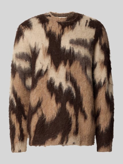 Produktfoto, Regular Fit Strickpullover mit Lanawoll-Anteil Model 'Forrest' von Les Deux, heren gebreide pullover, elastische materiaalmix met lanawol, regular fit, ribboorden, met lange mouwen, ronde hals, ruglengte maat M 75 cm, mouwlengte maat M 79 cm, abstract bruin-beige patroon, zachte textuur