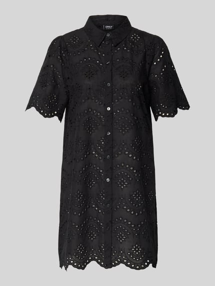 Productfoto, zwart uitlopend dames vrijetijdsjurk uit puur katoen model 'VALAIS' van Only, effen kleuren met gehaakte details, overhemdkraag, knoopsluiting, korte mouw, minilengte
