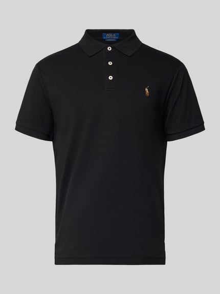 Produktfoto, Poloshirt mit Label-Stitching von Polo Ralph Lauren in Schwarz aus reiner Baumwolle mit Polokragen, Regular-Fit, Knopfleiste, gerippte Ärmelabschlüsse, Rückenlänge Größe M 69 cm.