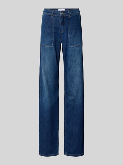 Produktfoto, Straight Fit Hose mit aufgesetzten Taschen Modell 'Liz Urban' von Angels aus elastischem Baumwoll-Mix in Blau, sichtbare Nähte, Knopf- und Reißverschluss, Gesäßtaschen, Damen Hose, Bundweite 37 cm, Innenbeinlänge 86 cm