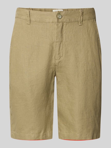 Produktfoto, Leinen Shorts mit Eingrifftaschen Modell 'PANDRUP' von Casual Friday in Beige, Straight Fit, sichtbarer Knopf- und Reißverschluss, Struktur durch reines Leinen, Bundweite 44 cm, Innenbeinlänge 23 cm, Herren Shorts