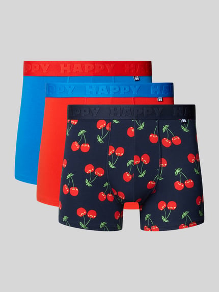 Produktfoto, Boxershorts mit elastischem Logo-Bund im 3er-Pack von Happy Socks, farbenfrohes Design mit Kirschenmotiv, Baumwoll-Elasthan-Mix.