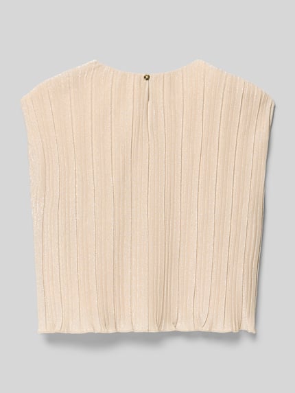 Produktfoto, Schimmerndes Top mit Wellensaum und Label-Applikation von Guess, cremefarbene Struktur, Boxy Fit, Rundhalsausschnitt, Rückansicht