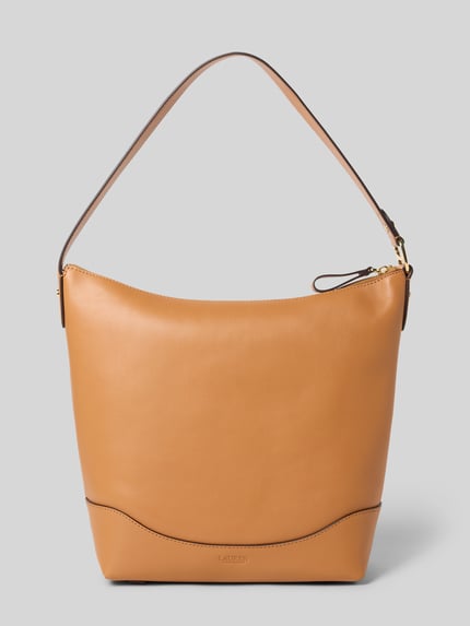 Produktfoto, Lederhandtasche mit Ziernaht von Lauren Ralph Lauren aus Rindsleder in Hellbraun, Hauptfach mit Reißverschluss, Tragehenkel, Maße 32x30x13 cm, Schulterriemen 58 cm.