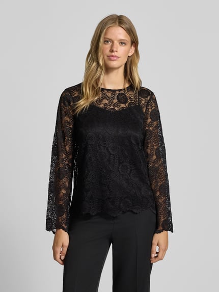 PIECES Regular fit blouse met lange mouwen van kant, model 'OLLINE' BLACK - 4