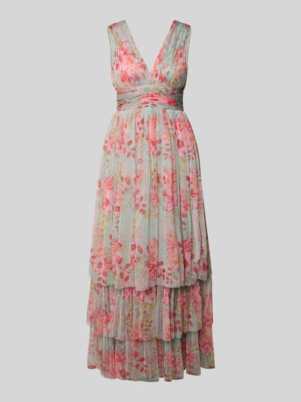 Produktfoto, wieczorowa sukienka z falbaną i dekoltem w szpic od LACE & BEADS, kolorowe kwiaty, szyfon, linia A, długość maxi, zapięcie na haftkę i suwak z tyłu, długość pleców w rozmiarze S: 35 cm, szerokość w rozmiarze S: 31 cm