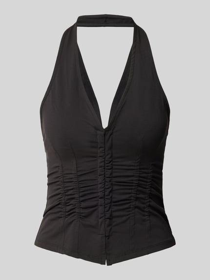 Produktfoto, schwarzes Neckholder-Top mit V-Ausschnitt von Gina Tricot, Material-Mix mit Stretch-Anteil, slim fit, Rückenlänge 24 cm