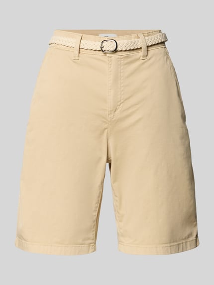 Produktfoto, Regular Fit Bermudas aus Baumwoll-Mix von s.Oliver RED LABEL, Optik: Unifarben, Twill-Struktur, beigefarbener Ton, sichtbarer Damen Gürtel