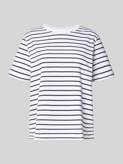 Produktfoto, T-shirt met ronde hals model 'CAMINO' van Samsøe Samsøe, wit met zwarte strepen, puur katoen, regular fit, ruglengte maat S 58 cm