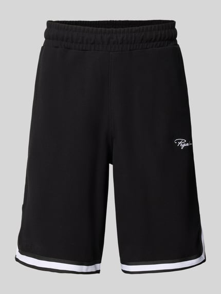 Produktfoto, schwarze Shorts mit weißem Kontraststreifen, elastischer Bund, Logo-Stitching, Modell 'Signar' von Pegador, reine Baumwolle, gerader Schnitt