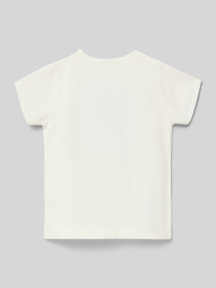 Produktfoto, weißes T-Shirt mit floralem Stitching von Mayoral, Baumwoll-Elasthan-Mix, gerader Schnitt, Rundhalsausschnitt, Rückenansicht