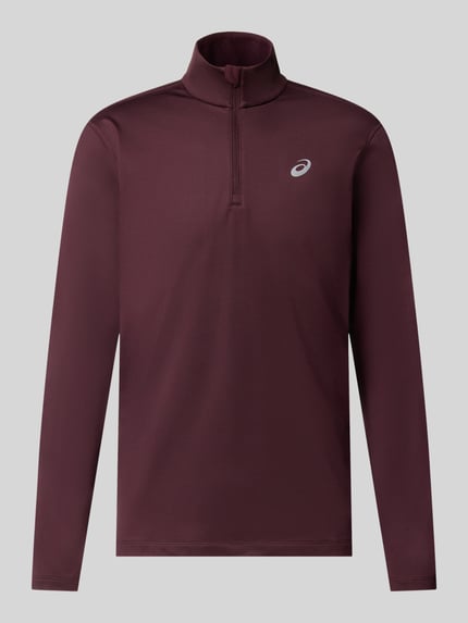 Produktfoto, Funktionsshirt mit Logo und Reißverschluss von ASICS, Mieszanka materiałów z dodatkiem streczu, krój regular fit, logo, stójka, zamek błyskawiczny, bluzka z długim rękawem, Długość tyłu w rozmiarze M: 73 cm, kolor bordowy, gładka faktura
