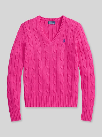Produktfoto, Regular Fit Strickpullover aus Woll-Kaschmir-Mix von Polo Ralph Lauren in Pink, Zopfmuster, gerippte Abschlüsse, unifarben