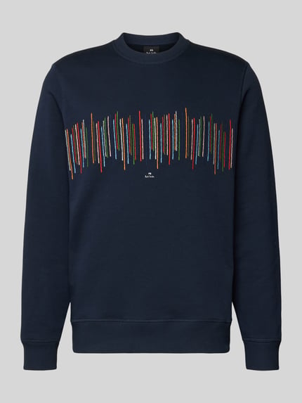 Produktfoto, Sweatshirt mit Motiv-Stitching von PAUL SMITH aus Reine Baumwolle in Dunkelblau, Regular-Fit, buntes Stitching, Gerippter Rundhalsausschnitt