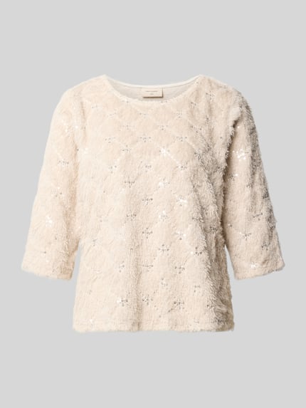 Produktfoto, gebreide pullover in beige met pailletten met 1/2-mouwen, Model 'NALLE' van FREE/QUENT, dames, relaxed fit, ruglengte maat S 56 cm, mouwlengte maat S 40 cm