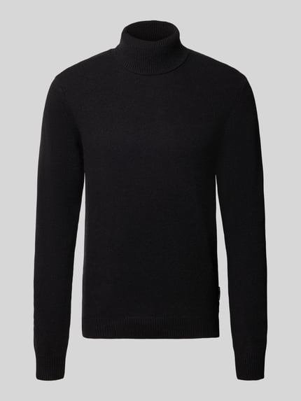 Produktfoto, czarny sweter z golfem z mieszanki wełny, prążkowane wykończenia, krój slim fit, Model 'Karl' od Casual Friday, długi rękaw, długość tyłu w rozmiarze M 70 cm, długość rękawa w rozmiarze M 69 cm