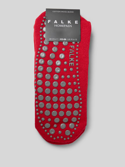 Produktfoto, Socken mit geripptem Abschluss von Falke in Rot mit Baumwoll-Woll-Mix, Stretch-Anteil, Anti-Rutsch-Besatz, körpernaher Schnitt.