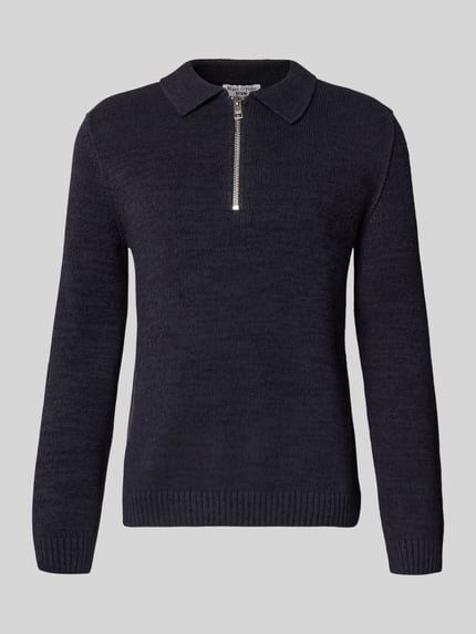 Marc O'Polo DENIM Sweter o kroju relaxed fit w stylu polo z dzianiny z mieszanki bawełny Granatowy 2