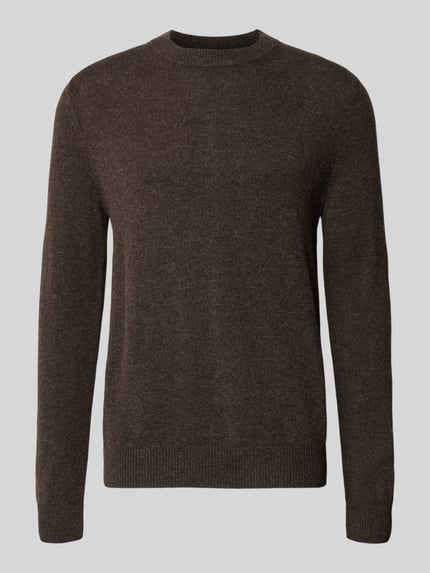 Produktfoto, Regular Fit Strickpullover aus reiner Wolle Modell 'ISAK' von Samsøe Samsøe, kolor brązowy, miękka faktura, dekolt okrągły, długość tyłu w rozmiarze M: 69 cm, długość rękawa w rozmiarze M: 69 cm