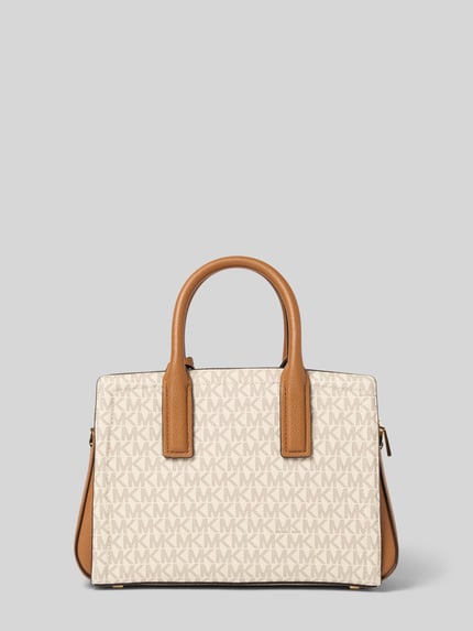 Produktfoto, Handtasche mit Label-Applikation Modell 'LAILA' von MICHAEL Michael Kors, Hauptfach mit Reißverschluss, Tragehenkel, Schulterriemen, creme-beige Farbe mit braunen Akzenten, Maße 29 cm Breite, 19 cm Länge, 10 cm Tiefe, Schulterriemen 132 cm.