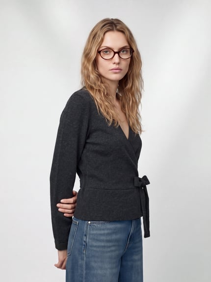 Frauenmodel trägt Langarmshirt mit Wickeloptik von ONLY in dunklem Uni, V-Ausschnitt, Bindegürtel, Strickstruktur, Ganzkörperansicht von vorne.