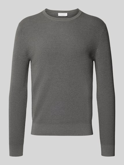 Produktfoto, Strickpullover mit gerippten Abschlüssen Modell 'Connor' von Tiger Of Sweden, Herren, Woll-Baumwoll-Mix, Regular Fit, Rundhalsausschnitt, Rückseite und Ärmel mit feiner Textur, Farbe Grau, Rückenlänge bei Größe M 65 cm, Ärmellänge bei Größe M 69 cm.