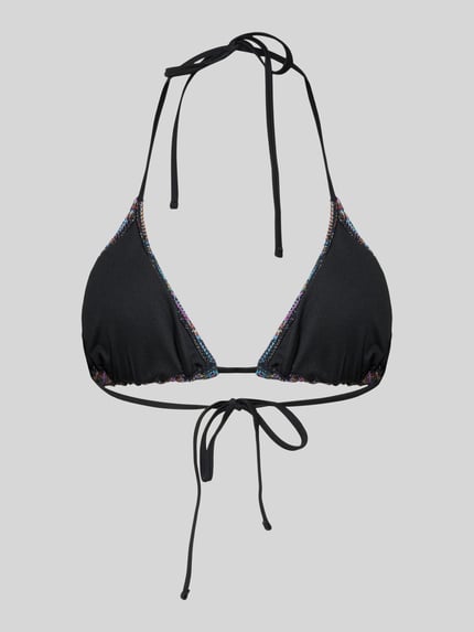 Produktfoto, Bikini-Oberteil mit Allover-Muster von Pieces, czarny z wielokolorowym wzorem, neckholder, bez fiszbin, wyściełany, sznurowane