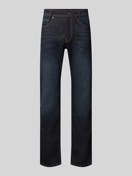 Produktfoto, dunkelblaue Jeans mit geradem Bein und sichtbaren Kontrastnähten, Straight Fit Jeans aus Baumwoll-Mix Modell 'ARNE' von MAC, Herren Straight Fit Jeans von MAC