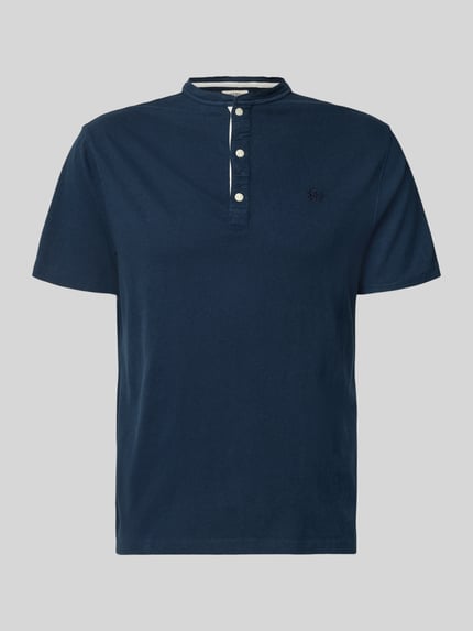 Produktfoto, T-Shirt mit kurzer Knopfleiste von Superdry aus Baumwoll-Mix mit Leinen-Anteil, Regular Fit, dunkelblau, Polokragen, Logo-Stitching