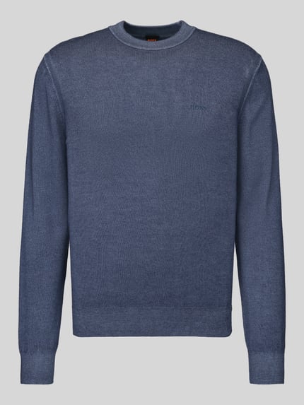 Produktfoto, Regular Fit Pullover aus reiner Schurwolle Modell 'Kestefo' von BOSS in Blau mit feiner Strickstruktur, Herren Pullover von BOSS Orange