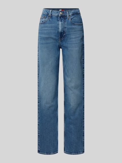 Produktfoto, blaue Straight Fit Jeans aus Baumwoll-Mix Modell 'LAYLA' von Tommy Jeans im Melange-Look mit 5-Pocket-Design Denim-Textur