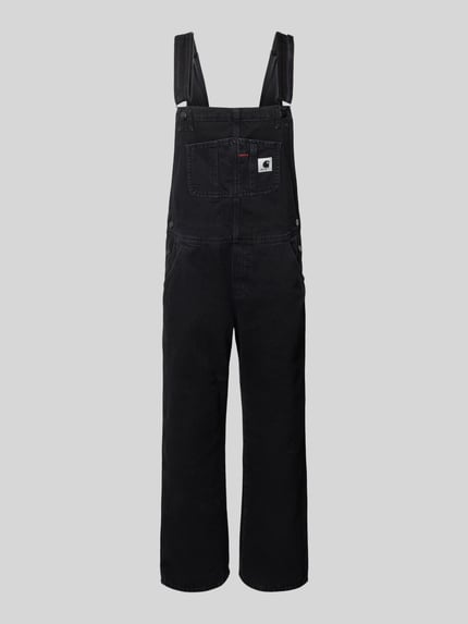 Productfoto, Latzhose met borstzak en label-patch van Carhartt Work In Progress in zwart katoen, straight fit, verstelbare bandjes, zij- en achterzakken