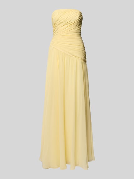 Produktfoto, Slim Fit Abendkleid in Falten-Optik von Luxuar, schulterfrei, blickdichter Unterrock, gelb, fließender Stoff, Größe 36