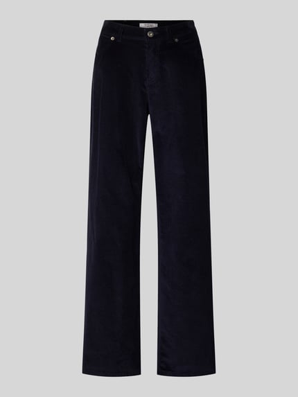 Produktfoto, Wide Fit Cordhose mit Eingrifftaschen Modell 'Liv' von TONI, dunkelblauer elastischer Baumwoll-Mix, Cordstruktur, sichtbarer Knopf- und Reißverschluss, lange Hose, Vorderansicht