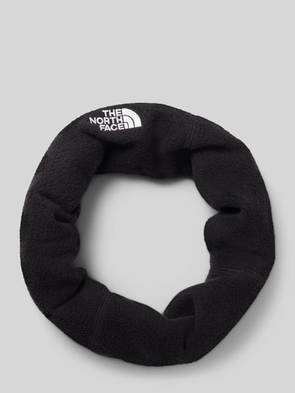 Productfoto, zwarte Heren sjaal van The North Face, Fleece, colmodel, Model 'Bark', gestikt logo, tunnelkoord, zachte textuur