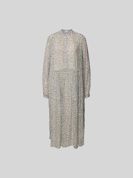Produktfoto, Midikleid mit Allover-Animal-Print von Lala Berlin aus reiner Viskose, semitransparent, relaxed Fit, Knopfleiste, langärmelig, grau-beige Muster.