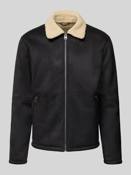 Productfoto, Regular Fit Bomberjacke met kunstbontkraag model 'ROYCE' van Only & Sons in suède look, zwarte kleur, ritszakken.