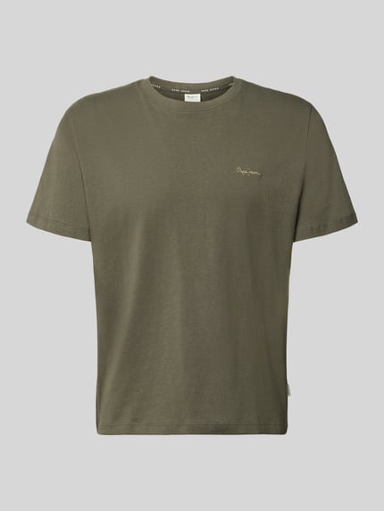 Produktfoto, Regular Fit T-Shirt aus reiner Baumwolle Modell 'CONNOR' von Pepe Jeans in Unifarbe Oliv, Rundhalsausschnitt, Label Stitching, Jersey-Struktur
