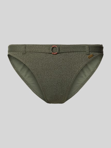Produktfoto, olivgrüner Bikini-Slip mit Label-Detail, Modell 'DITA' von Banana Moon, Material-Mix mit Stretch-Anteil, körpernaher Schnitt