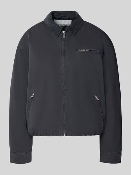 Produktfoto, dunkelblaue Oversized Fit Bomberjacke aus reiner Baumwolle Modell 'ICONIC A JA' von ARMEDANGELS, Damen Bomberjacke / Blouson, glatte Oberfläche, silberfarbener Reißverschluss, sichtbare Taschen, schlichter Schnitt