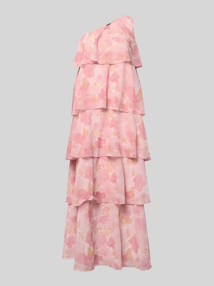 Produktfoto, Ausgestelltes Maxikleid mit Rüschendetail Modell 'FELICIA' von Vero Moda in Rosa mit floralen Mustern, Chiffon, One Shoulder Design
